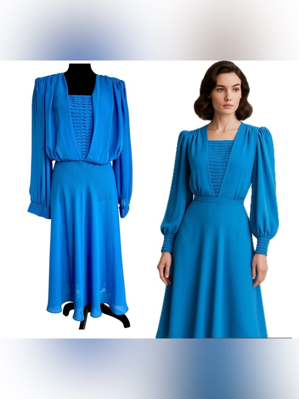 Vintage Blue Long Sleeve Midi Dress with Pleated Bodice fit flare flowing skirt